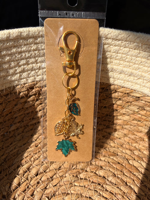 Classy Teal and Gold Fall Leaves Keychain