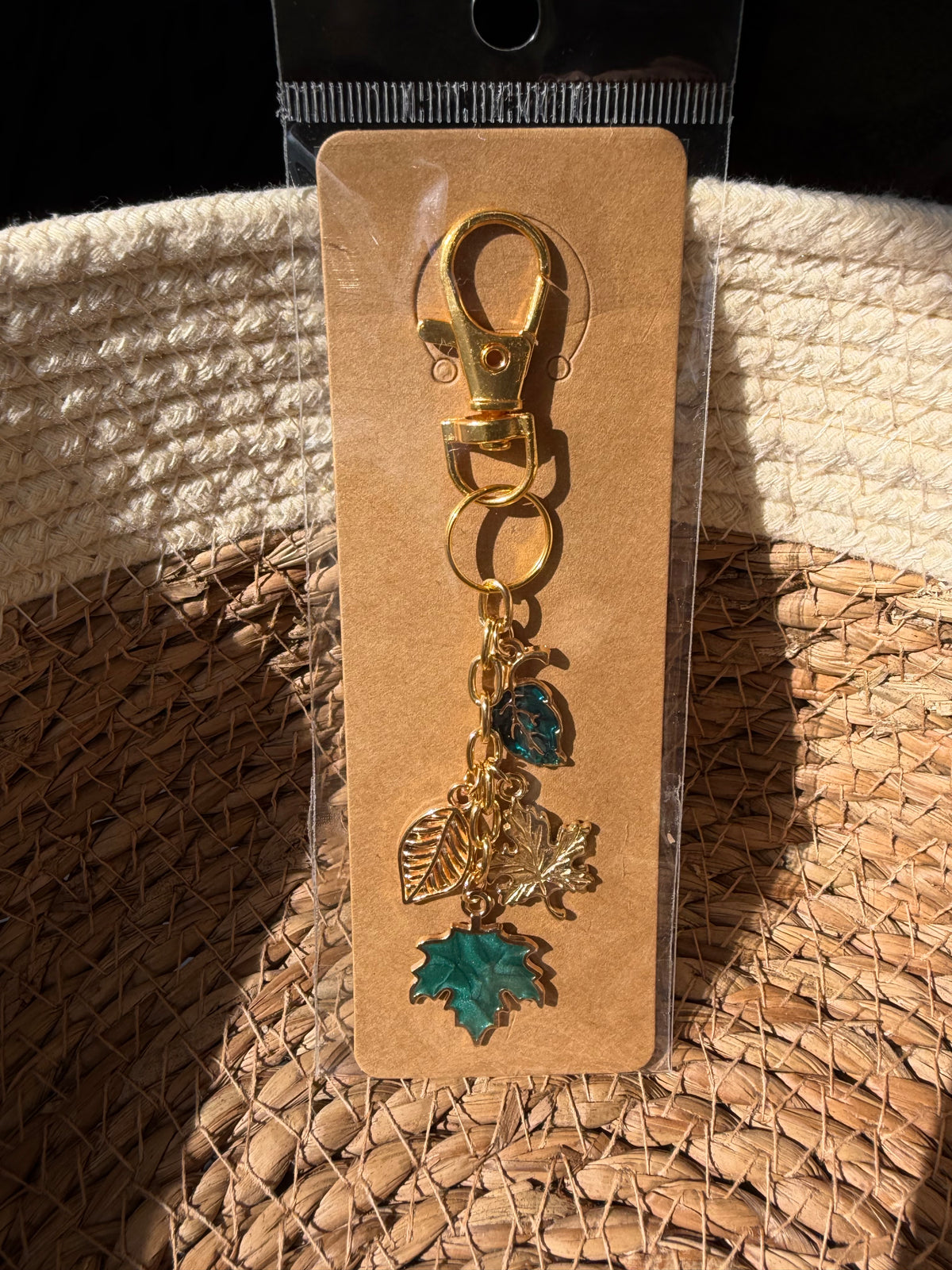 Classy Teal and Gold Fall Leaves Keychain