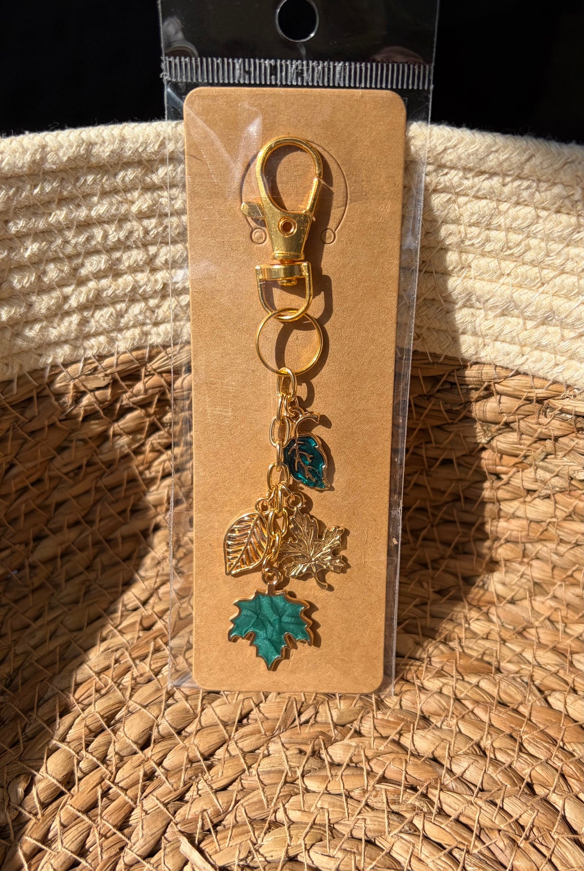 Classy Teal and Gold Fall Leaves Keychain