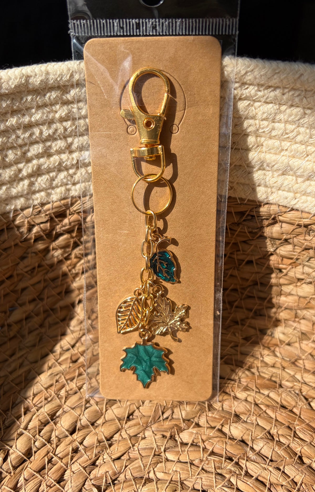 Classy Teal and Gold Fall Leaves Keychain