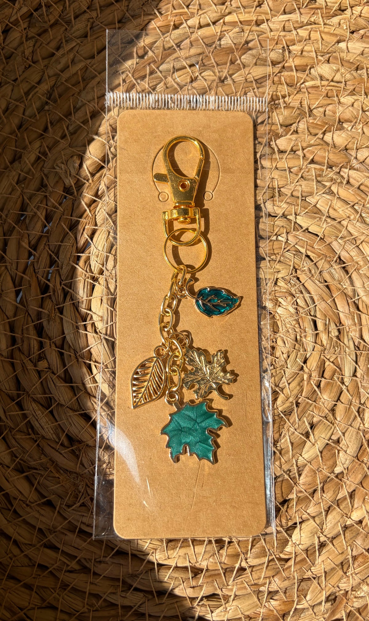 Classy Teal and Gold Fall Leaves Keychain